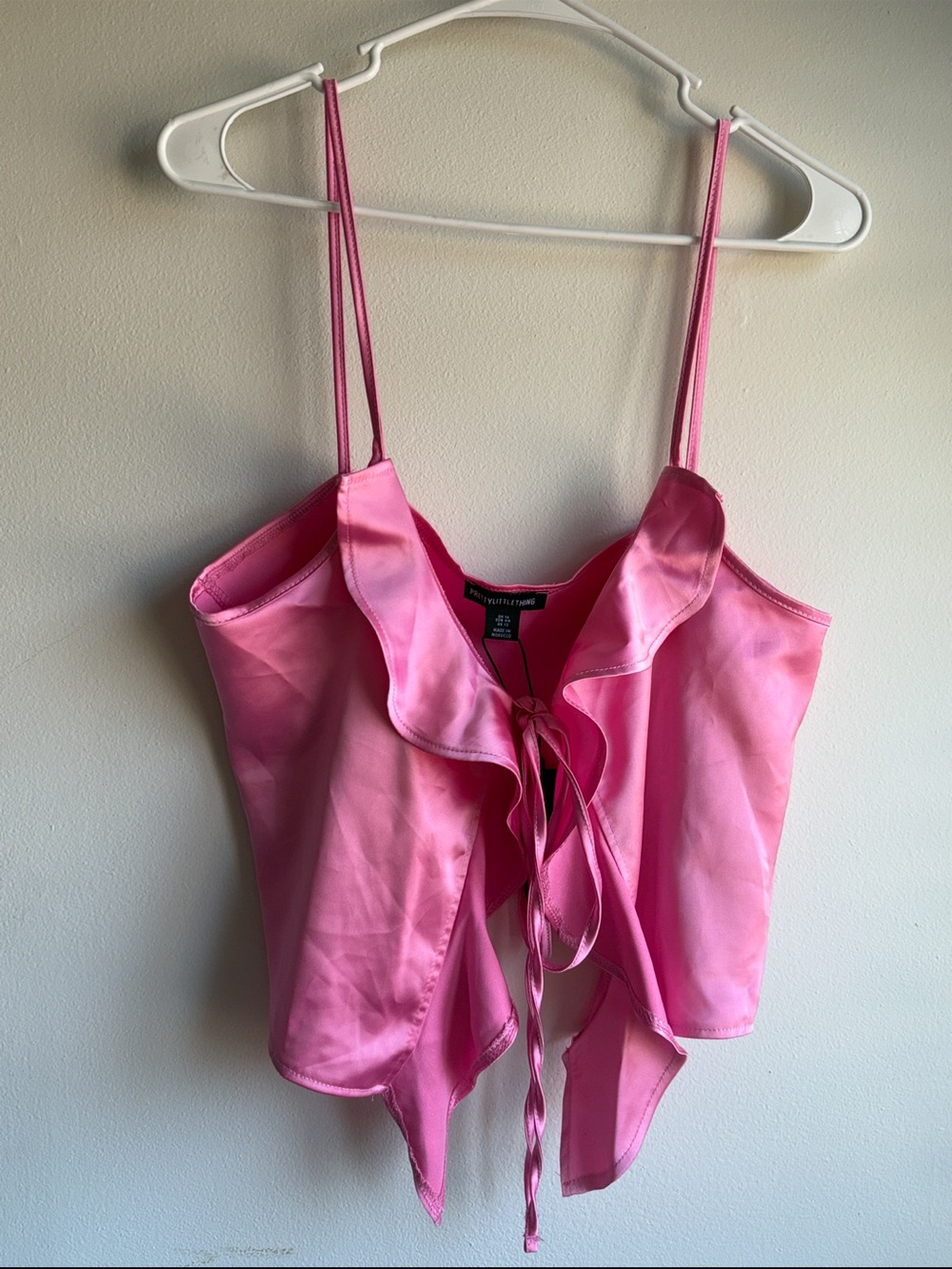 PrettyLittleThing NWT Hot Pink Satin Frill Detail Tie Front Cami Top US 12
